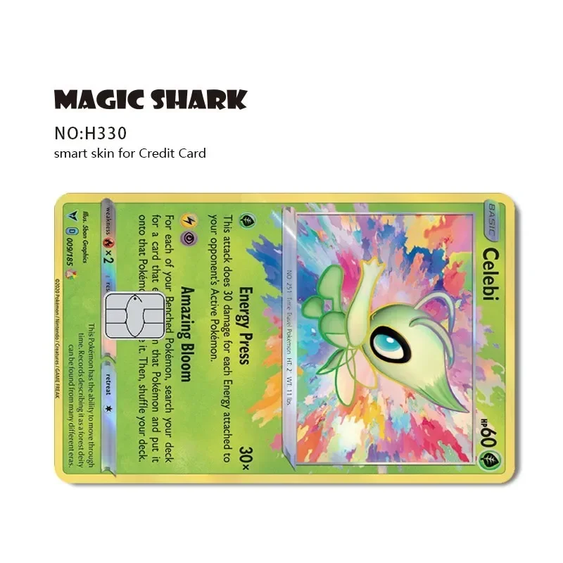 Shark magique mignon Jirachi Celebi TCG holographique Laser débito carte de crédit peau Film autocollant couverture ne se décolore pas côté avant