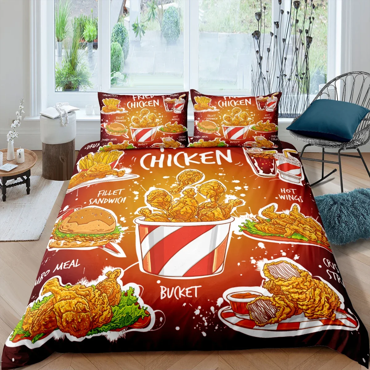 American Fast Food Duvet Cover Set Full Size Pizza Hotdog Comforter Cover Hamburger Print Bedding Set French Fries Quilt Cover