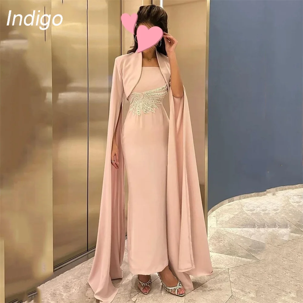 

Indigo Prom Dresses Mermaid Strapless Satin Beading Ankle-Length Cloak Satin 2024 Elegant Evening Gowns For Women فساتين الس