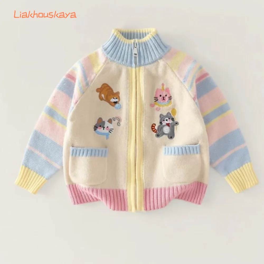 2026 Neue Frühling-Herbst Kinder Strickjacke Cartoon Farbblock Reißverschluss-Mantel Kleinkind Jungen Mädchen Lässige Mode Pullover Oberteile