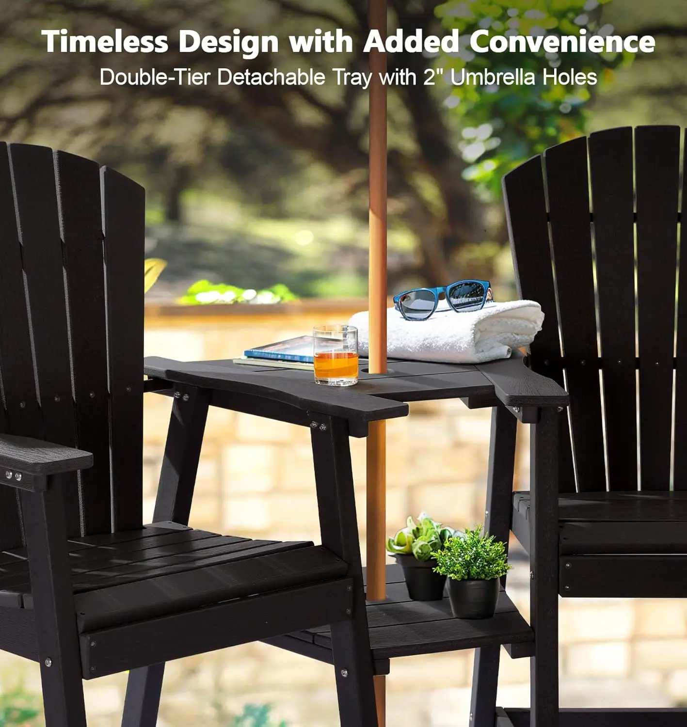 

Chair Set of 2 with Removable Double Connecting Trays Recycled HDPE with Wood Grain Weather Resistant Outdoor