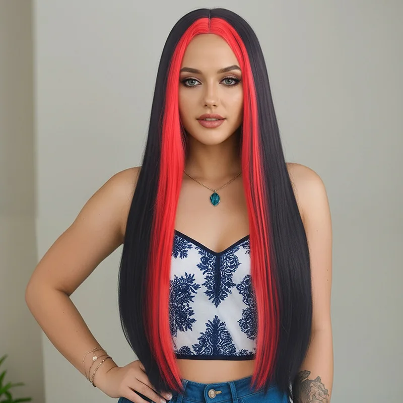 European and American women's new fashionable mid split color long straight Halloween wig headband-Synthetic fiber wig