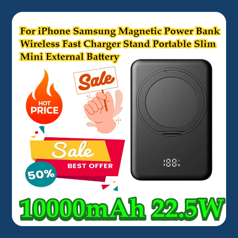 

For iPhone Samsung 10000mAh Magnetic Power Bank Wireless Fast Charger Stand 22.5W Portable Slim Mini External Battery