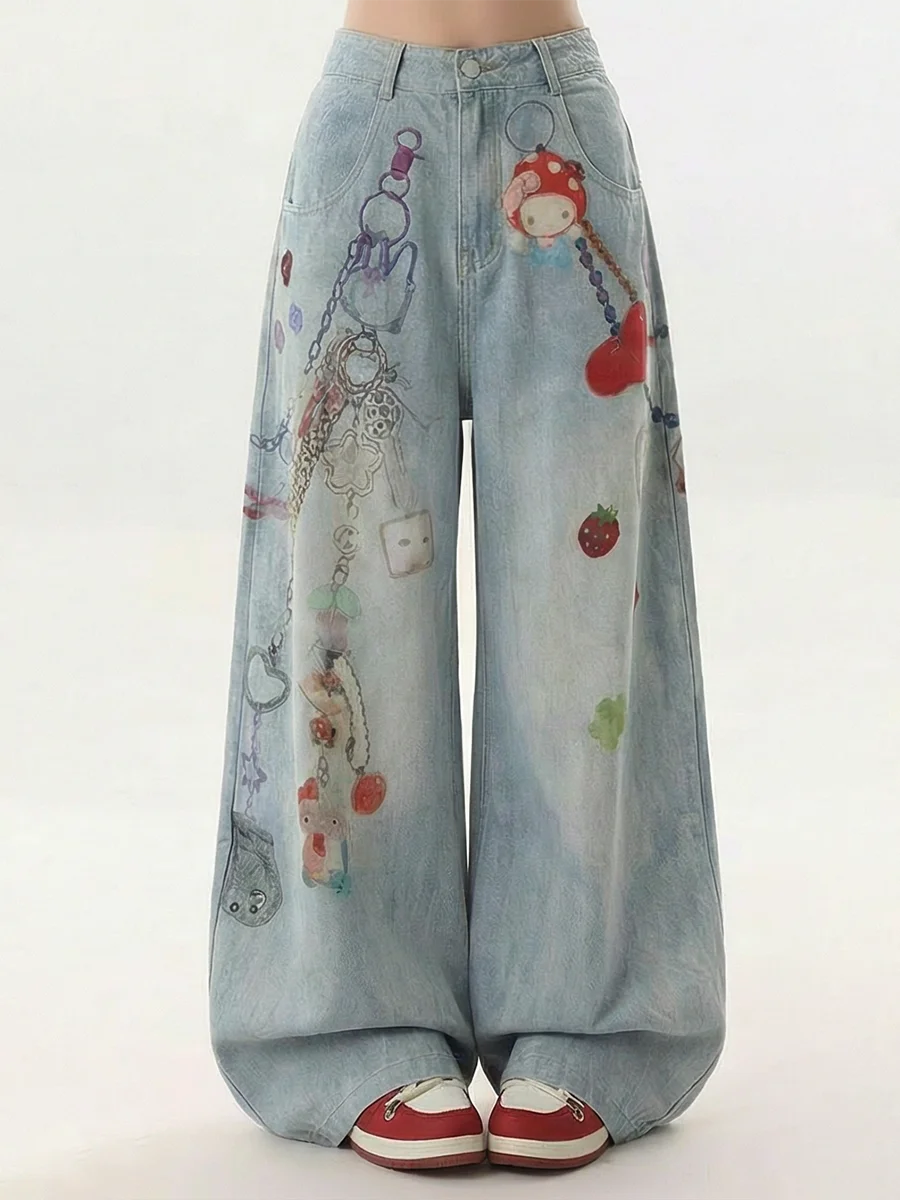 Fun Chain Print High Waist Wide Leg Jeans Women's Loose Slimming American Retro Hot Girl Design Casual Comfortable Denim Pants