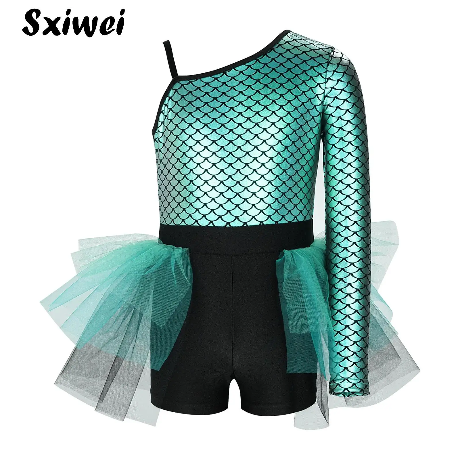 Princess Girls Ballerina Mermaid Jumpsuit One Shoulder Metallic Fish Scale Tulle Skirted Leotard Gymnastic Ballet Dance Bodysuit