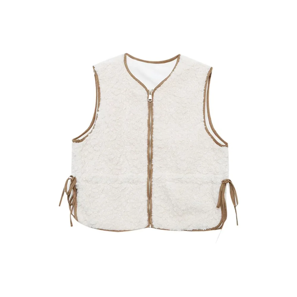 

2025 зимняя новая женская одежда, простой французский жилет без рукавов с круглым вырезом и регулируемой талией на молнии