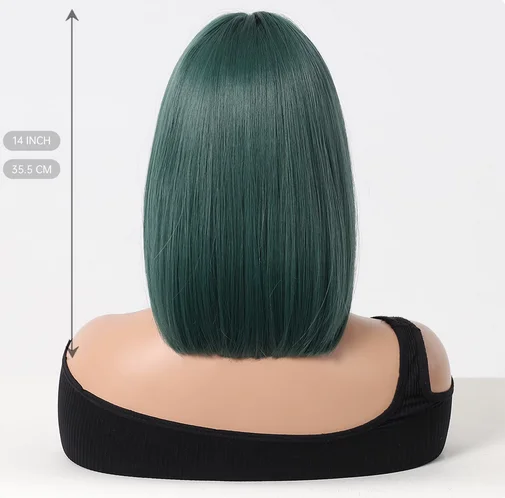 Dark Green Bob Synthetic Wigs Short Straight Wig Green Hair with Bangs for Women Party Cosplay Use Heat Resistant