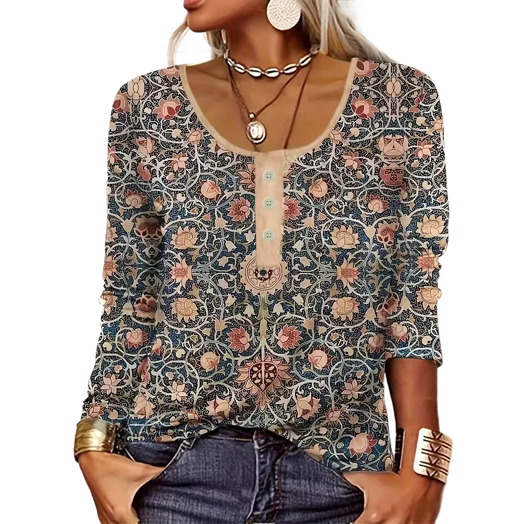 

Easy Comfortable Daily Versatile Casual Ethnic Style Printed Breathable Spring Summer Button Up Plus Size Women's T-shirt