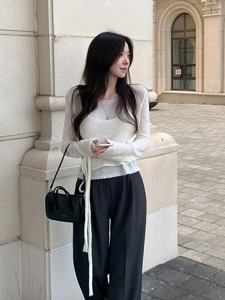 

Корейский вязаный комплект из двух предметов, женский модный облегающий топ, модный свитер, осеннее новое поступление, ощущение премиум-класса