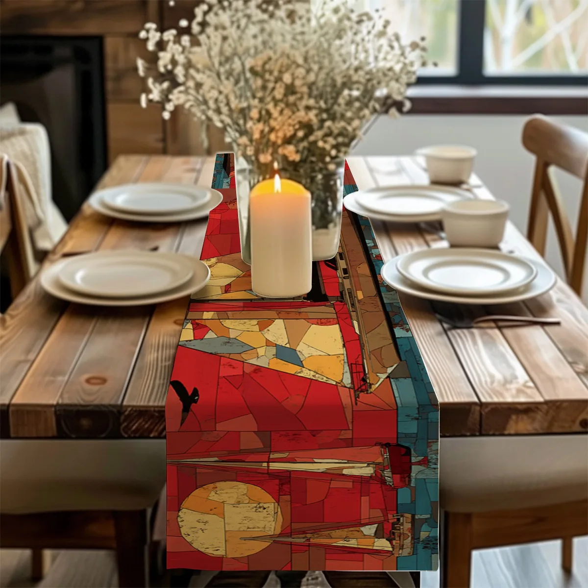 decor table runner Geometric Sailboat Mosaic Sunset Style tablecloths for Housewarming,Occasions,Outdoor Gatherings,Indoor Room