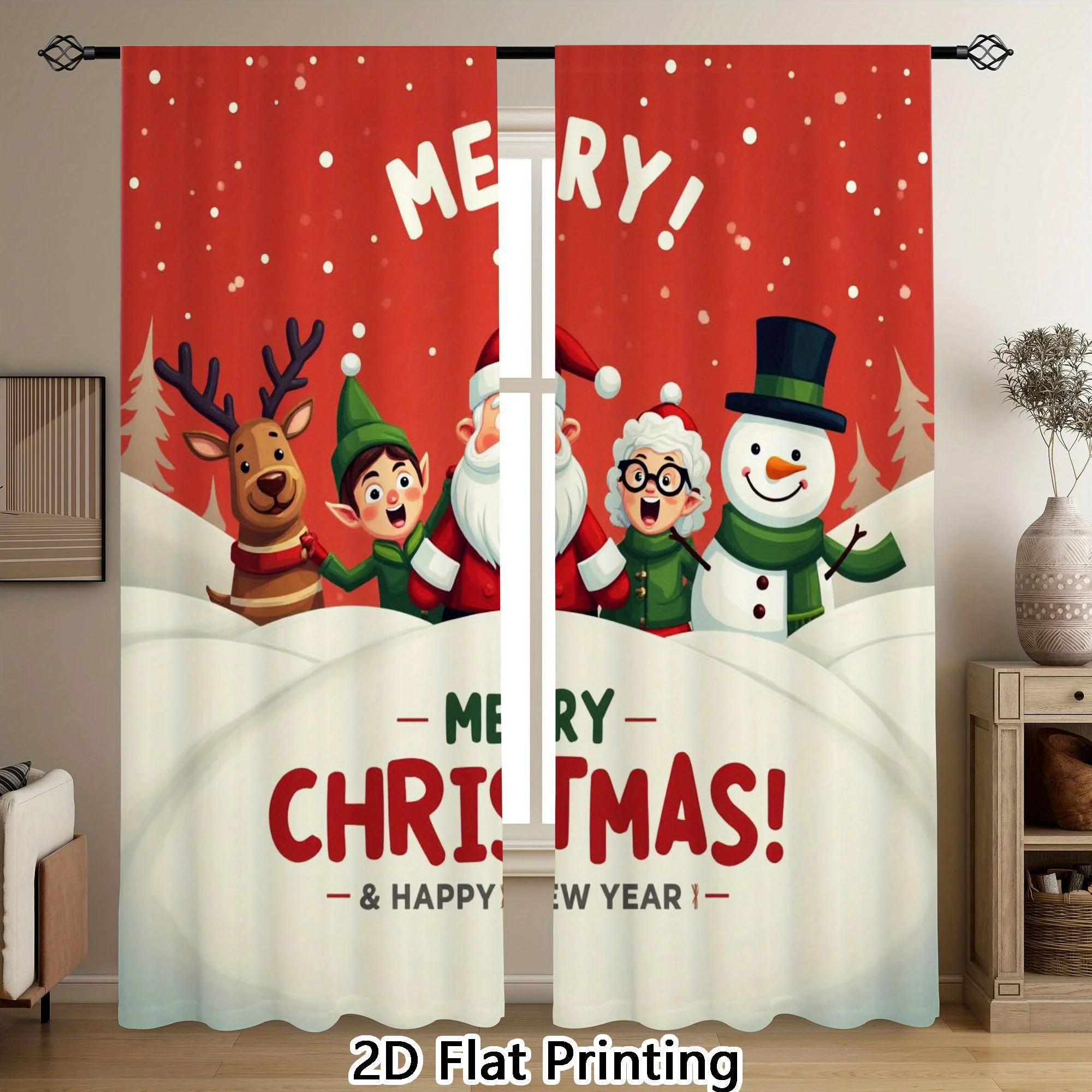 Merry Christmas Curtain, Santa Snowman Reindeer Window Drapes, Festive Holiday Home Decor, Happy New Year Living Room Blackout
