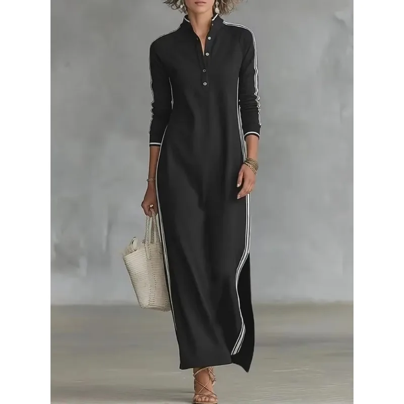 Autumn Vintage Striped Trim Long Sleeve Maxi Dress Women's Stand Collar Button Straight Dress Loose Casual Party Maxi Dresses