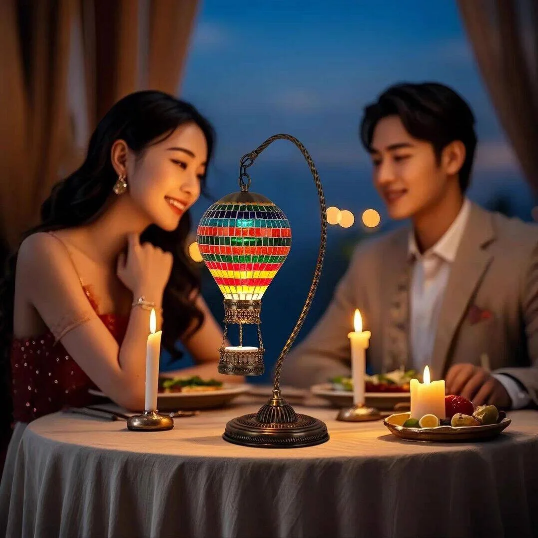 Lampada da tavolo per fusione della cera con mongolfiera a mosaico Lamparas De Mesa artigianali Lampada da letto in vetro Lamparas Con Mosaicos Luci notturne