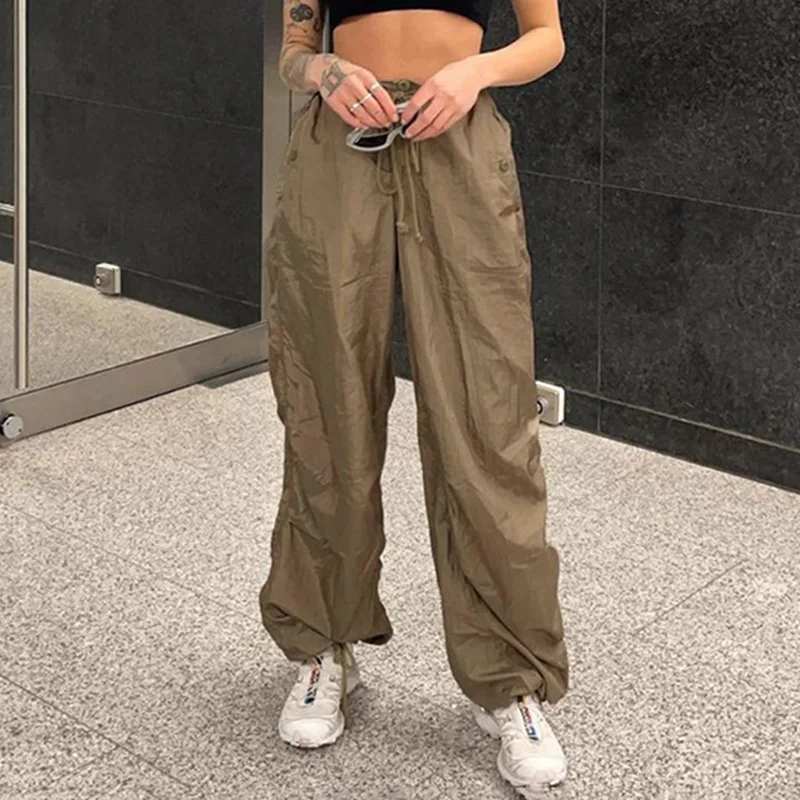 

Solid Baggy Pants for Women Loose Casual Pants Drawstring Joggers Pants Personality Streetwear Low Waist Trousers Black Brown