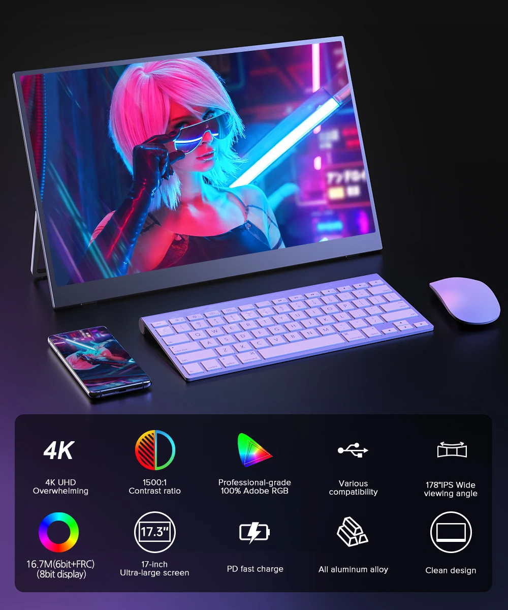 شاشة UPERFECT UColor J5 المحمولة بدقة 4K مقاس 17.3 بوصة، تدعم تقنية Adobe RGB UHD وتقنية FreeSync HDR مع مكبرات صوت وشاشة سفر للعناية بالعين لأجهزة PS5/4 وسطح المكتب والكمبيوتر المحمول والهاتف
