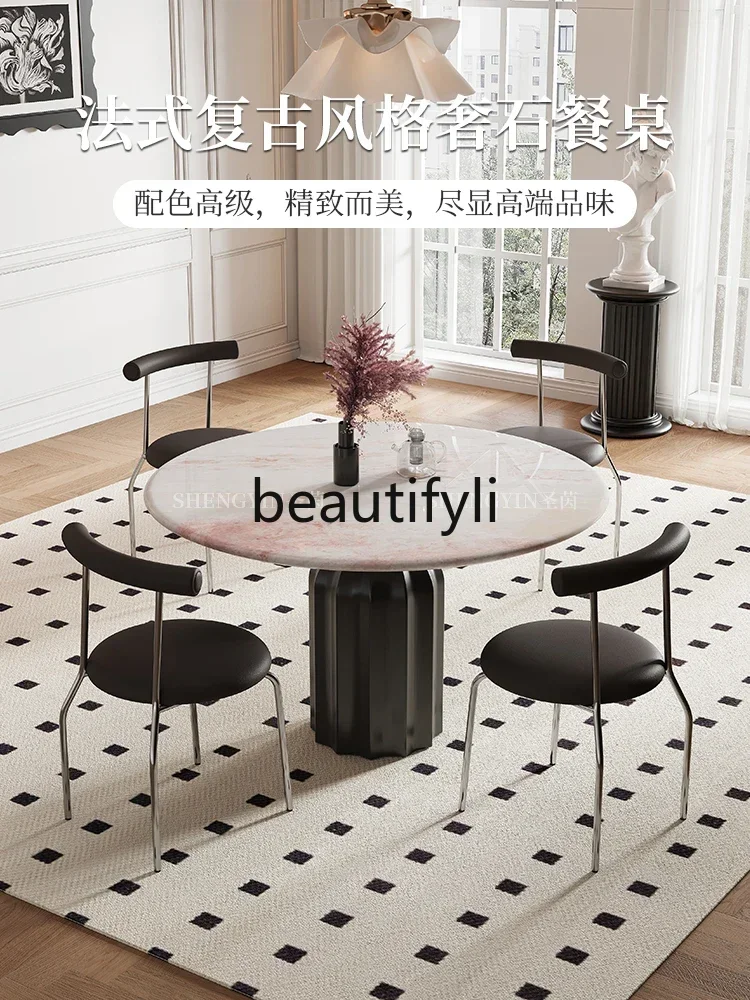 A32 Pure Natural Rose Rainbow Marble Dining Table and Chairs French Round Luxury Stone Dining Table