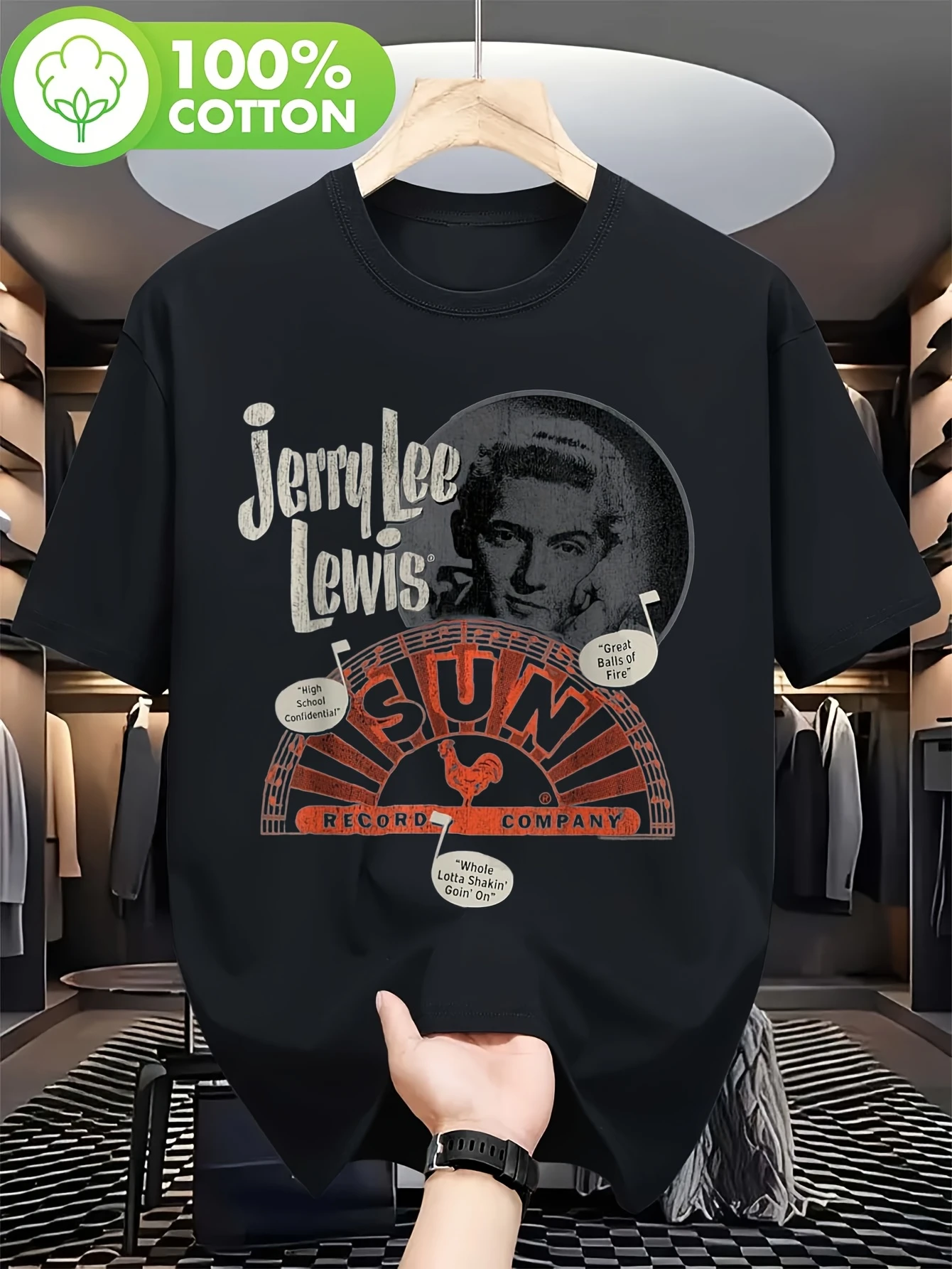 Men's Retro Jerry Lee Lewis Rock and Roll Graphic T-Shirt - 1950s Music Icon Design Short-Sleeve Crew Neck T-Shirt