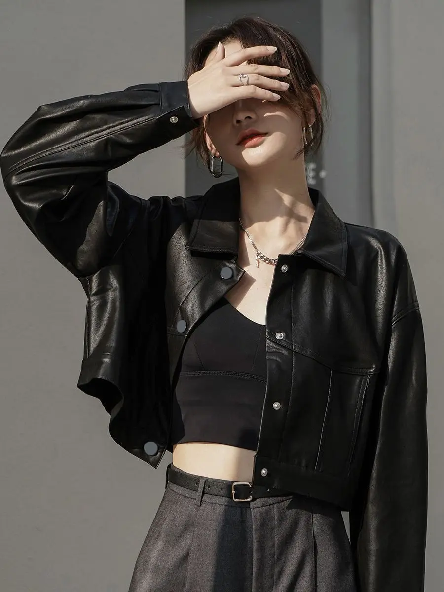 

Black Leather Jacket Women's Short Loose Retro Versatile Stylish Spring Autumn New Korean Version Padded Coat Collar Lon...