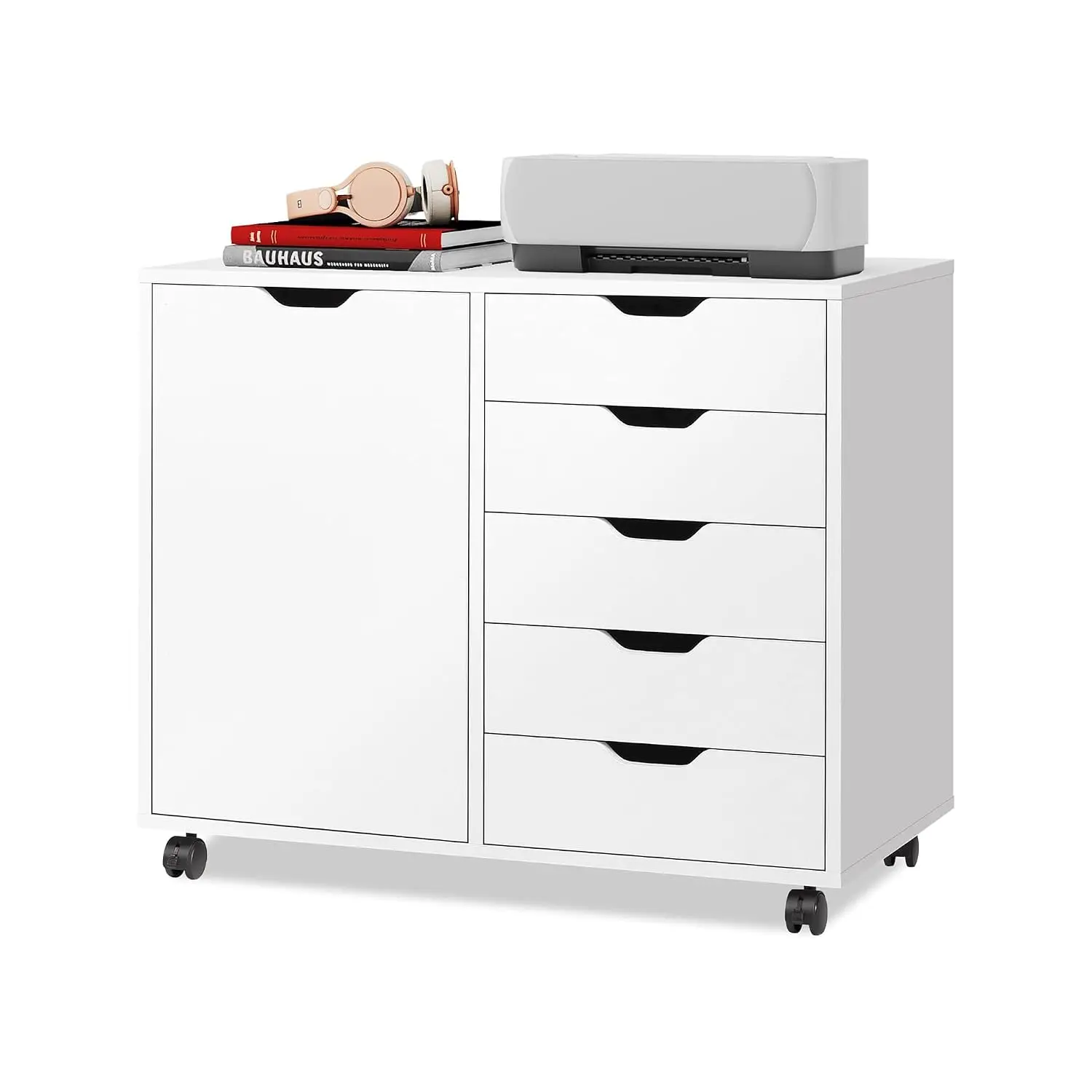 5-Drawer Wood Drawer Cabinet, Office Storage Cabinet, White | Craft Storage Cabinet, Under Desk Drawer, Rolling, Customized