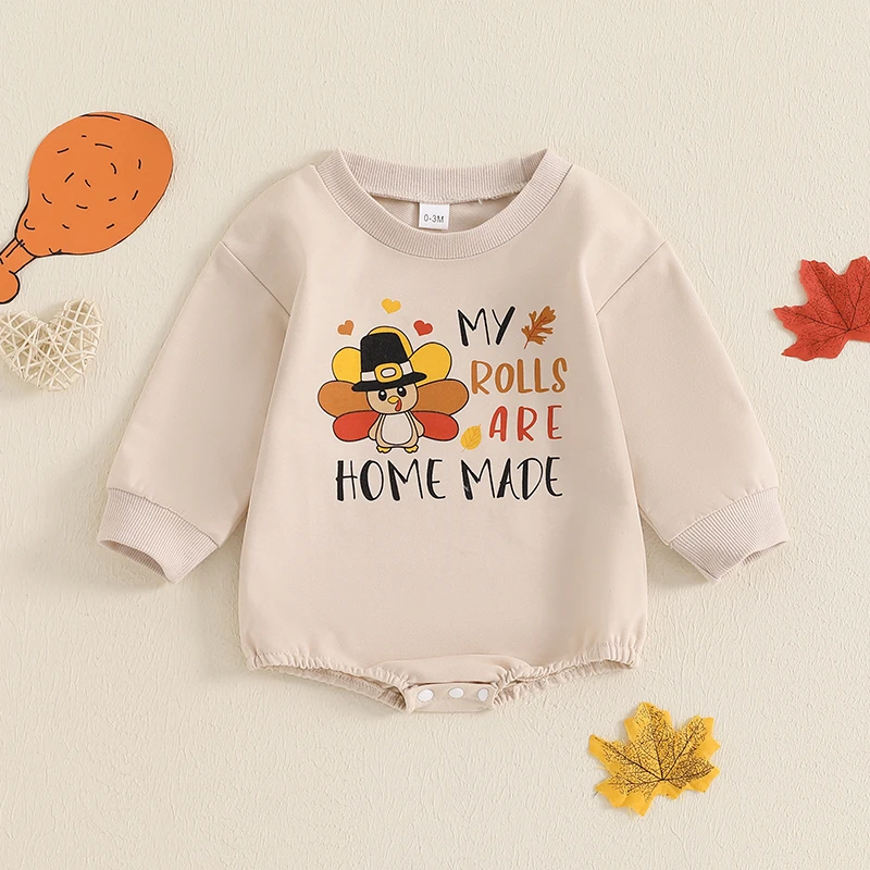 2024-07-03 Lioraitiin Baby Thanksgiving Casual Romper Long Sleeve O Neck Letter and Turkey Print Romper