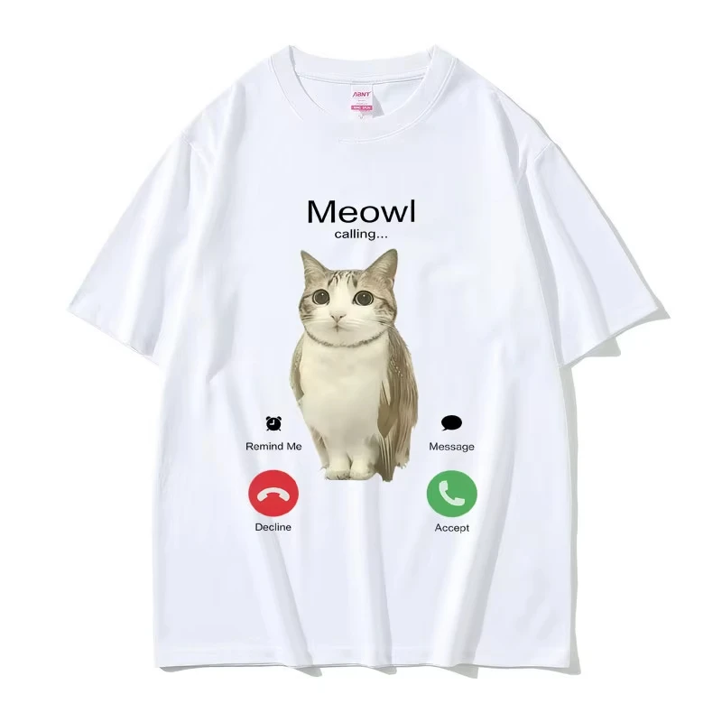 Meowl Is Calling Funny Cat Owl Meme T Shirts Men Women Summer 100% Cotton Short Sleeve T-shirt Men's Casual Oversized T-shirts