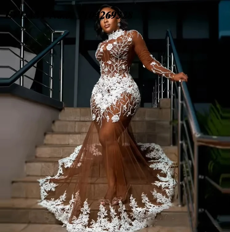EVLAST Customized Aso Ebi Brown Mermaid Prom Dress African Transparent Lace Applique Beaded Evening Gown Robe De Soirée E3P409