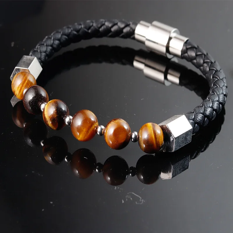 t Natural Stone Fashion Leather Rope Multi-Layer Woven Yellow Tiger Eye Stone Silver Bracele Prayer Beads Men Gift