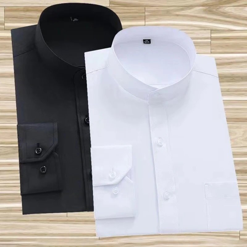 Chinese Mandarin Collar Dress Shirts Men Solid Vintage Stand-Collar Long Sleeve Business Formal Tang Style Plain Shirt