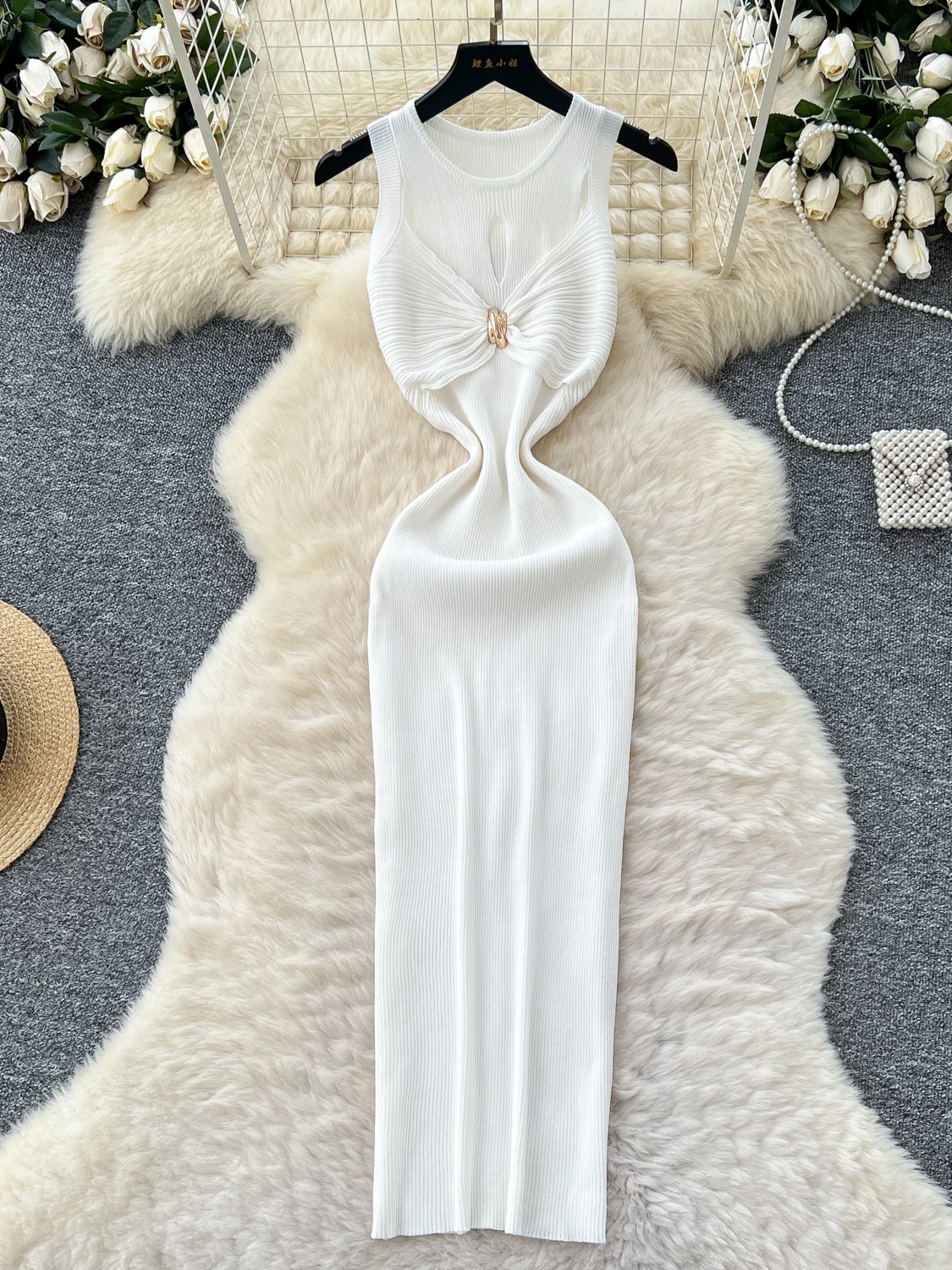Slimming Fit Hollow out Metal Bule round Ne Svel Women's Dr High Waist Bodycon Skirt Korean Sle Commute Dr
