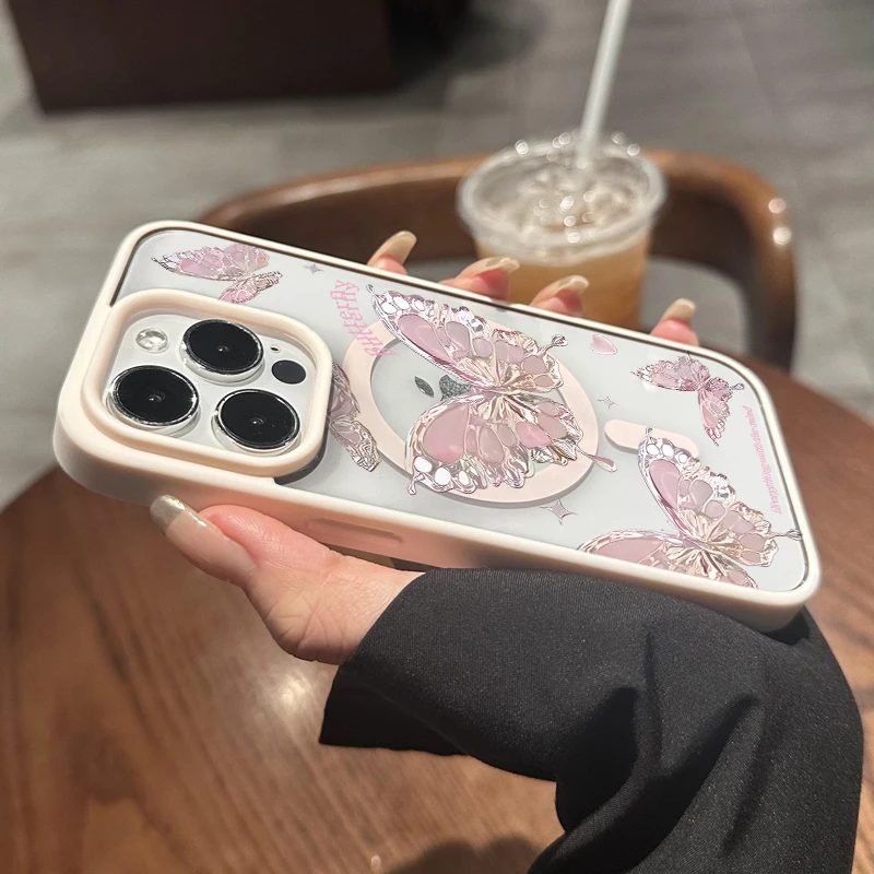 Niedliche Rosa Schmetterling Transparente Hülle für iPhone 17 16 11 15 14 Pro Max 13 12 Plus Hüllen für Magsafe Kabelloses Laden Luxus-Schutzhülle – Detail 3