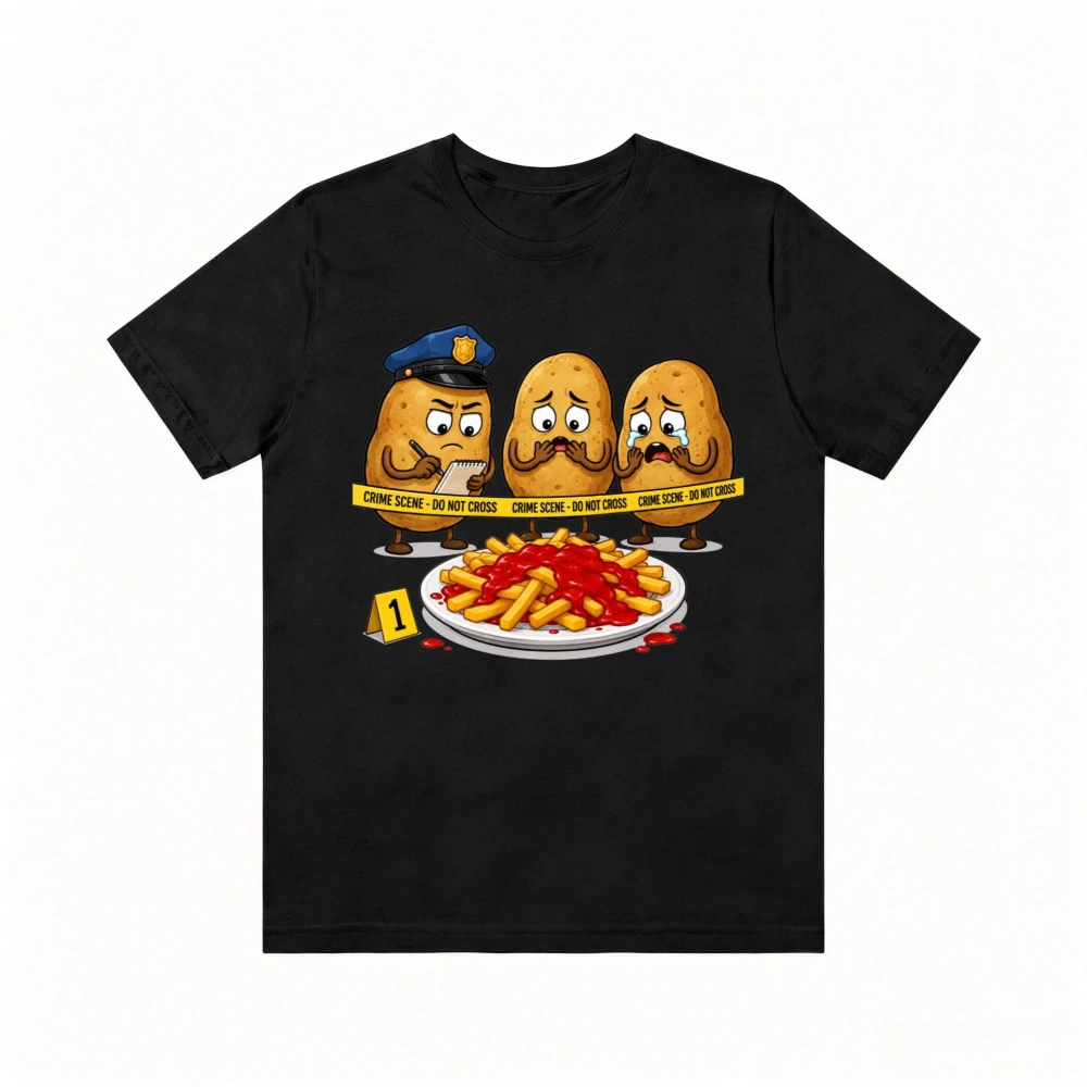 Funny Potato Chips Crime Scene Cartoon T-Shirt Humor Foodie Pun Joke Meme Gift Tshirt Casual Fashion Loose Man Women Clothing