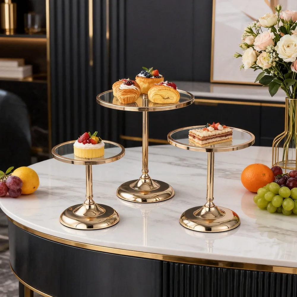Light Luxury Glass Cake Stand with Transparent Fruit Tray Dessert Table Display Stand with Golden Border Desktop Display Stand