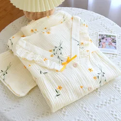 Conjunto de pijama de manga comprida feminino, terno doméstico fragmentado de flores 100% algodão, crepe, novo, primavera e outono, 2 peças, 2024