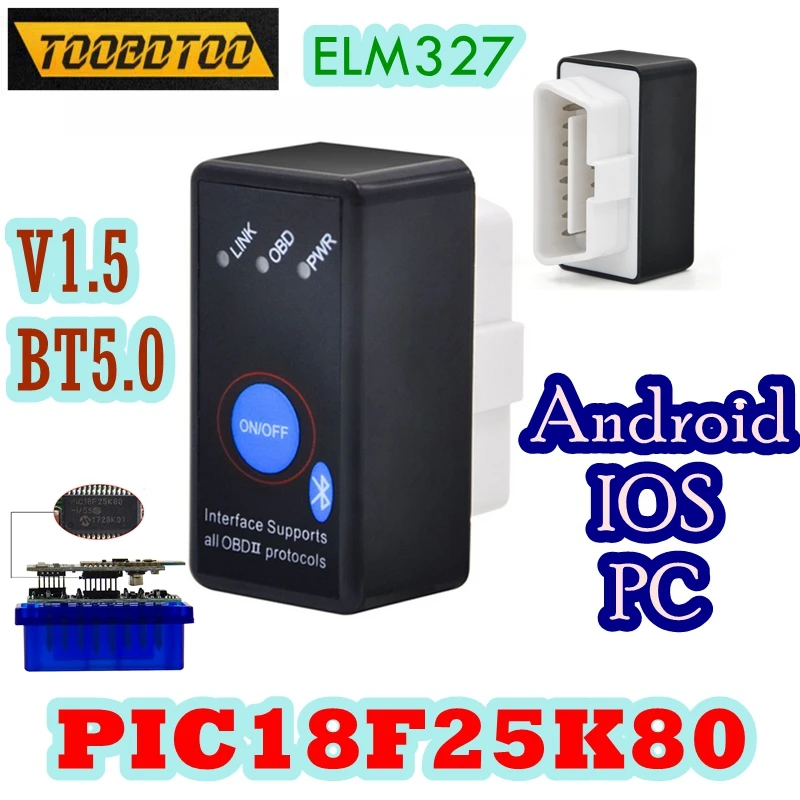 High Quality PIC18F25K80 ELM327 BT5.0 With Switch CAR Diagnostic Tool 2PCB OBD2 Scanner Code Reader Reset Auto-Sleep Mode V1.5