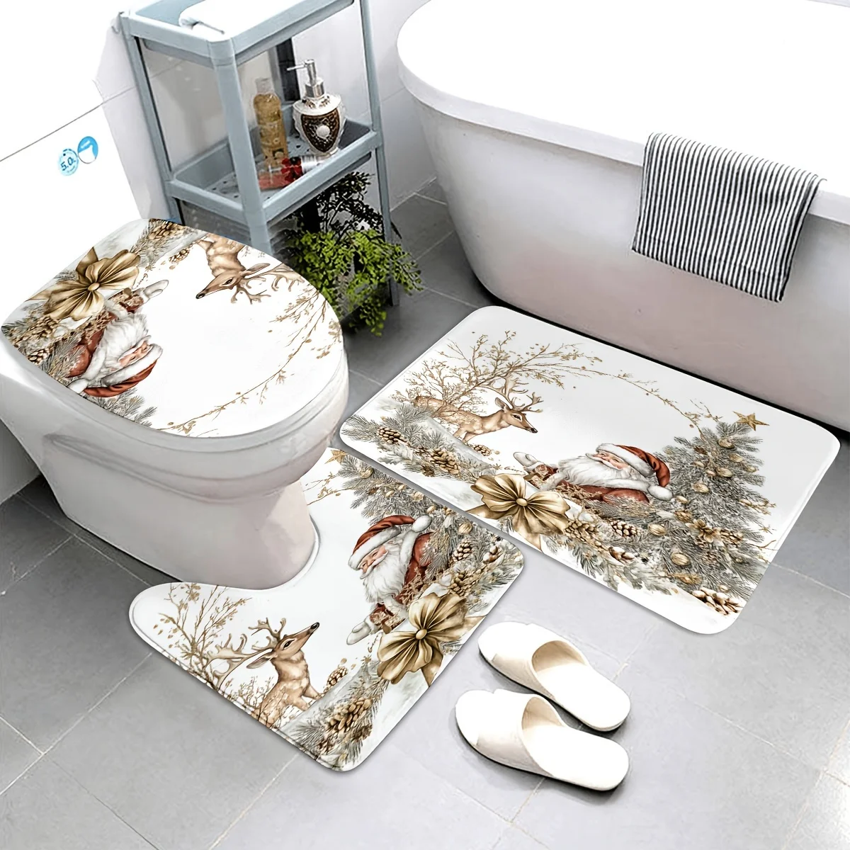 

3-х предметный нескользящий U-образный коврик с принтом Санта-Клауса и оленя, нескользящий коврик для сиденья унитаза для украшения ванной комнаты