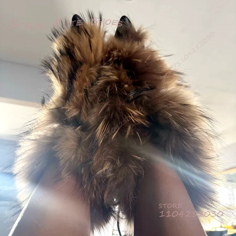 

Hot Chick Street Long Tassel Hair Straps Black Boots Girls Cool Stilettos Pointed Toe White Feather Side Zipper Sexy Women Shoes