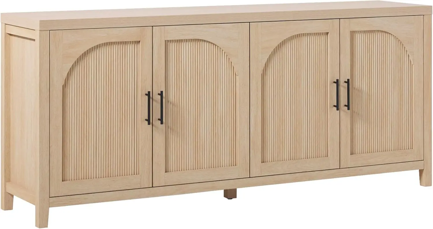 with Cord Management, 70 Inch, Coastal Oak Sasha 4-Door Reeded Sideboard Buffet
