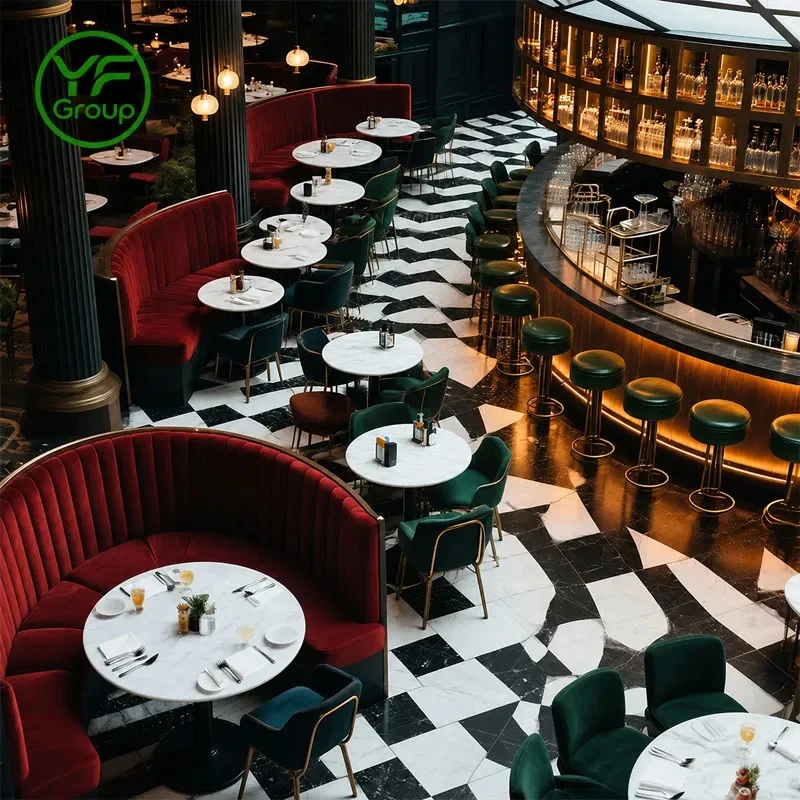 Wholesale Custom Red Velvet  Booth Seating Restaurant Furniture Metal Frame Marble Top Tables and Chairs for Hotel