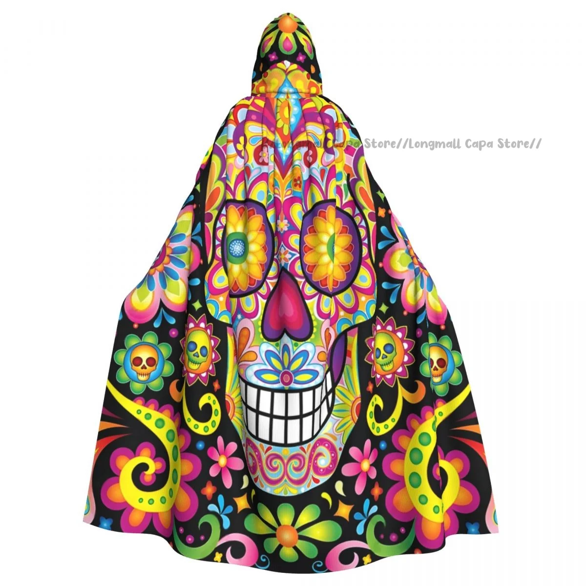 

Adult Halloween Mexican Sugar Skull Day Of The Dead Cloak Cape Hooded Medieval Costume Full Length Dress Coat