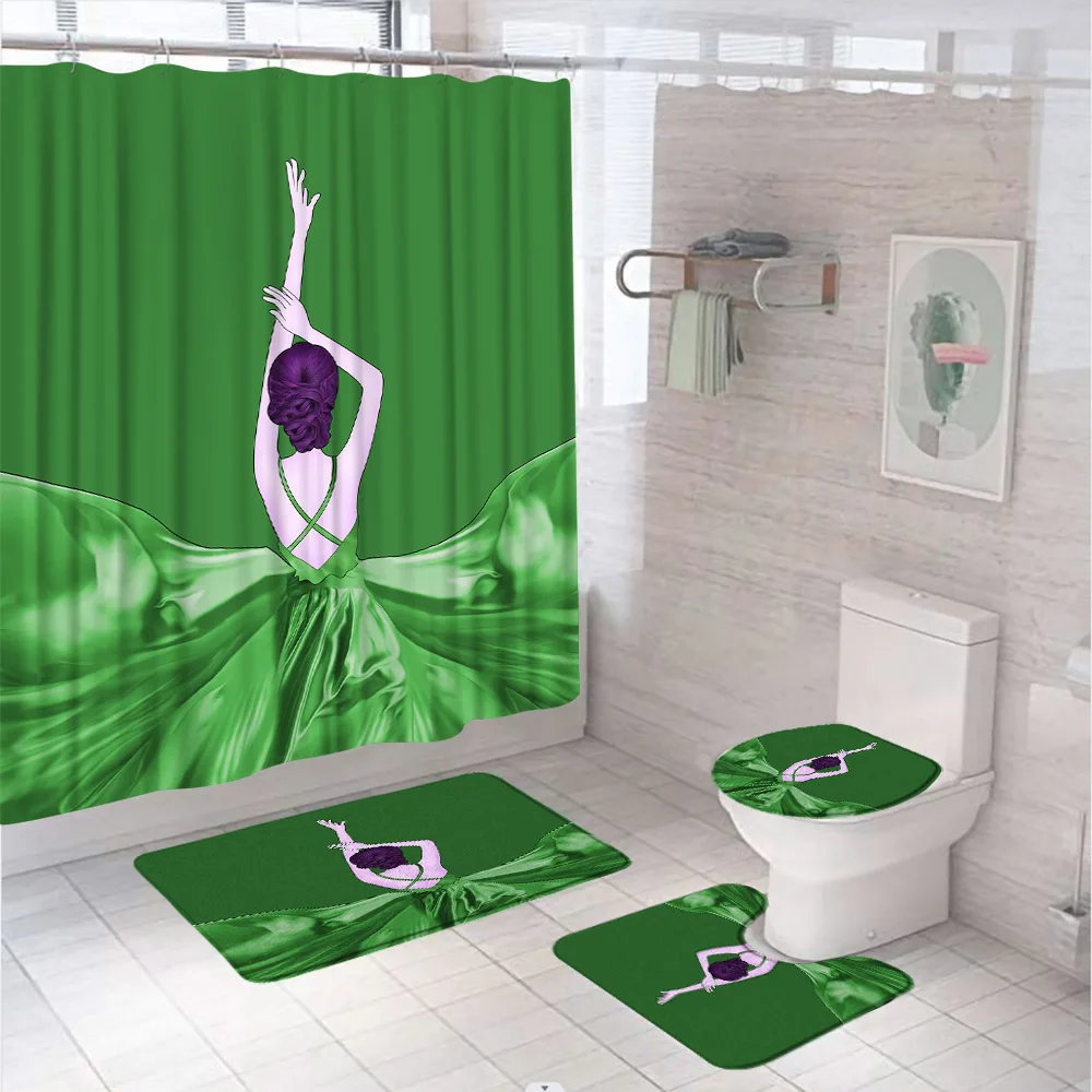 Ballerina Girl Shower Curtain Set Non-Slip Rug Toilet Lid Cover Bath Mat Sexy Women Dance Bathroom Decor Curtains Bathtub Screen