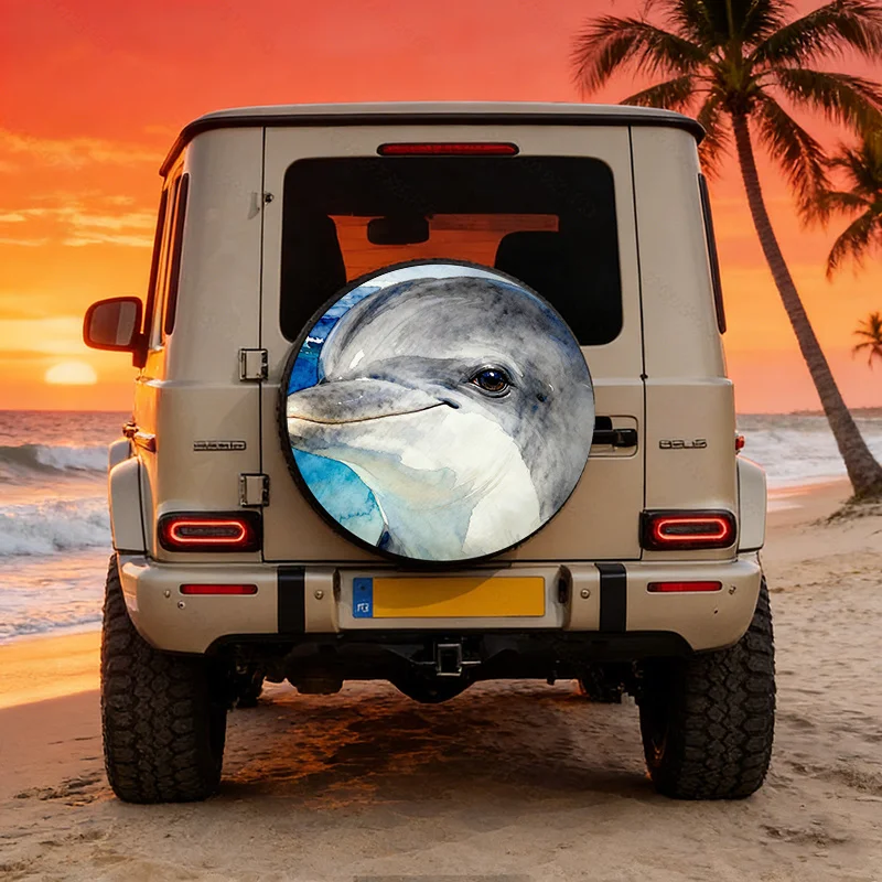 Watercolor Dolphin Pattern Polyester Car Tire Cover, Universal Fit For Most Vehicle Models