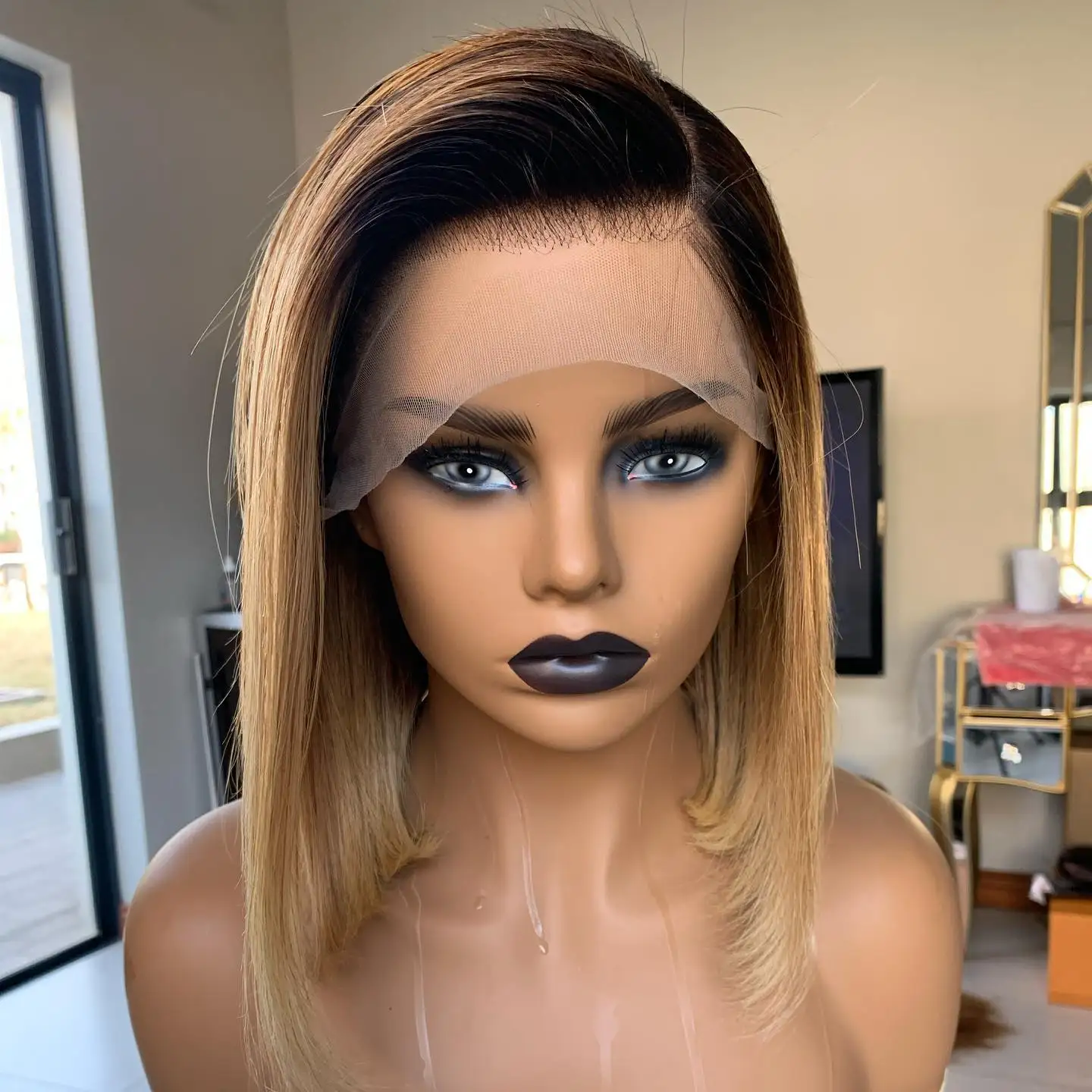 Trendy Warm Blonde Synthetic Lace Frontal Wigs Bob Natural Straight Shadow Roots 12 Inches 180%High Density Realistic Look Wigs