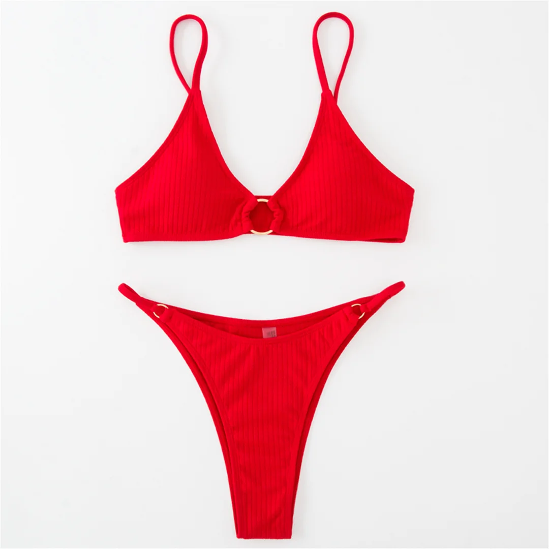 Gerippter Metallring-Bikini, zweiteiliger Damen-Badeanzug, Damen-Badebekleidung, hoch geschnittene Beine, gepolsterter Badeanzug, Badeanzug, Schwimmkleidung V7120 – Detail 37
