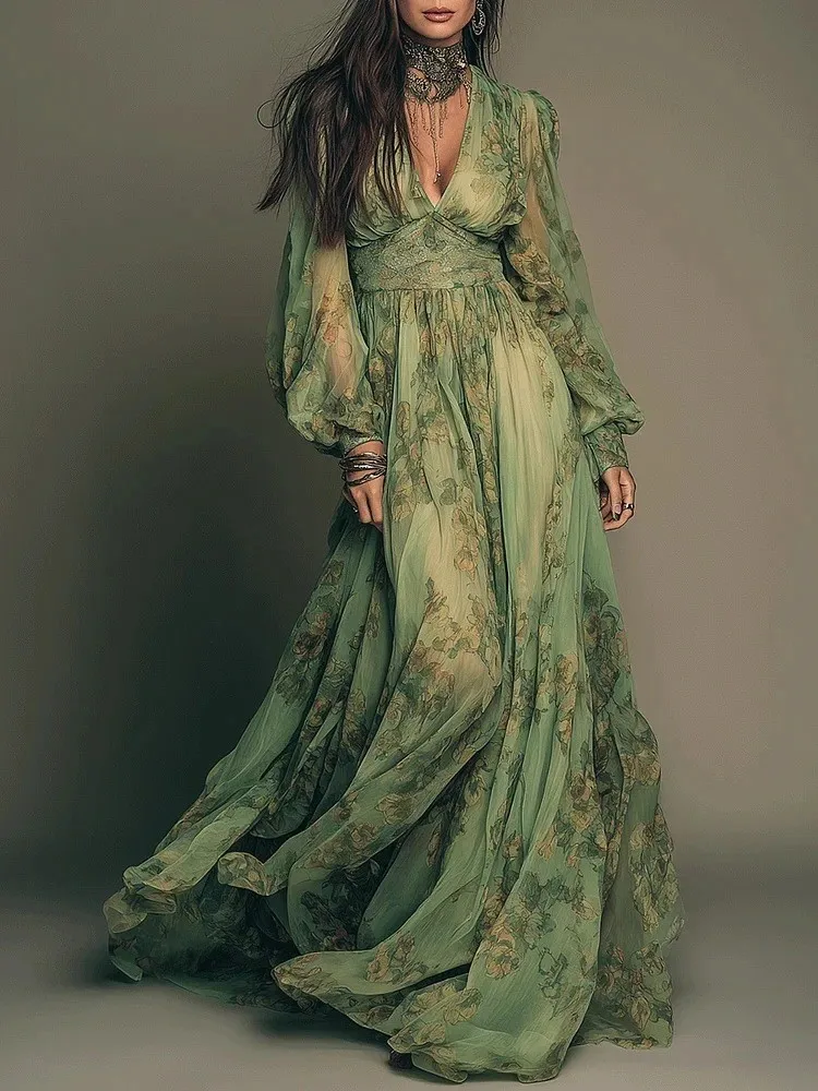 

Spring Fashion New Print V Neck Long Sleeve Dresses Womens Flowy Draped Waist Cinched Long Skirt Elegant Temperament Dress
