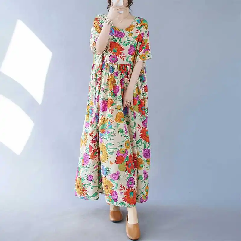 Flower Print Dress for Women Casual Shore Sleeve Long Dress Women's Simple Fashion Large Size Robe Bohemian O-neck Retro Dresses