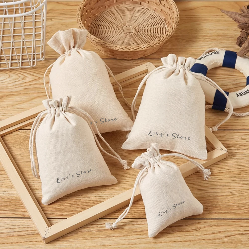

50pcs Personalized Logo Jewelry Cotton Burlap Bag Canvas Gift Bags for Necklace Earring Ring Soap Organizer Pouch Wedding Favors