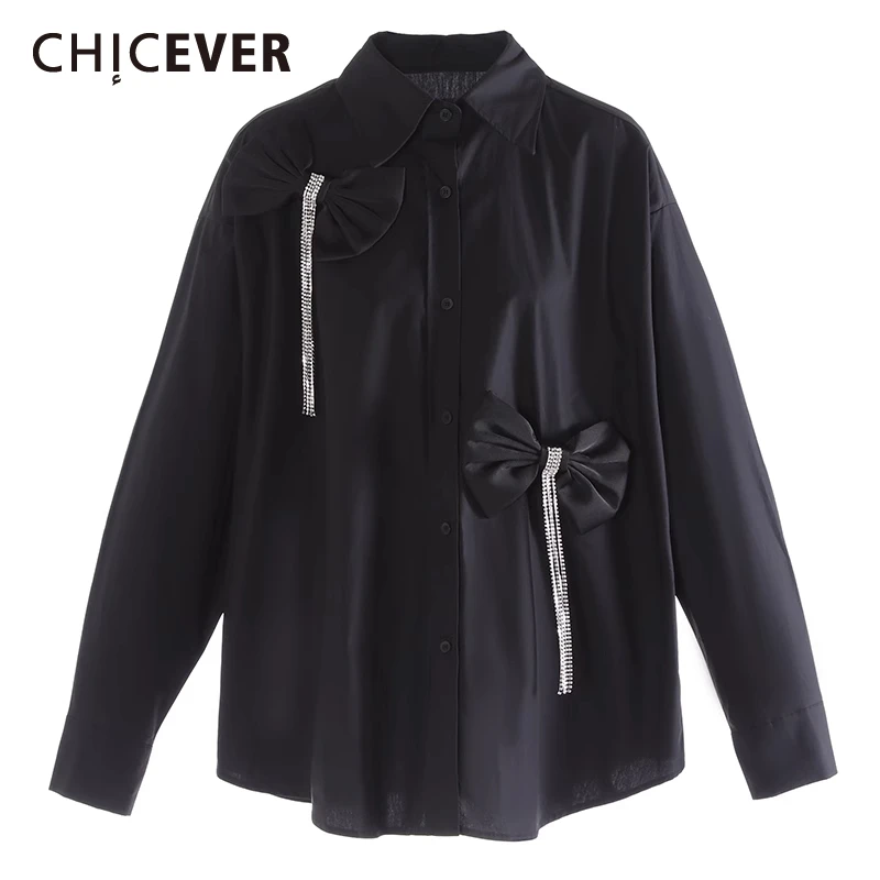 

CHICEVER Casual Spliced Tassel Design Shirt for Women Lapel Long Sleeve Patchwork Bowknot Fashionable Loose Blouse Female Spring