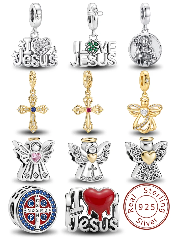 Breloques en argent sterling 925, série Bible, croix de Jésus, compatibles avec les bracelets originaux, bijoux fins, cadeau