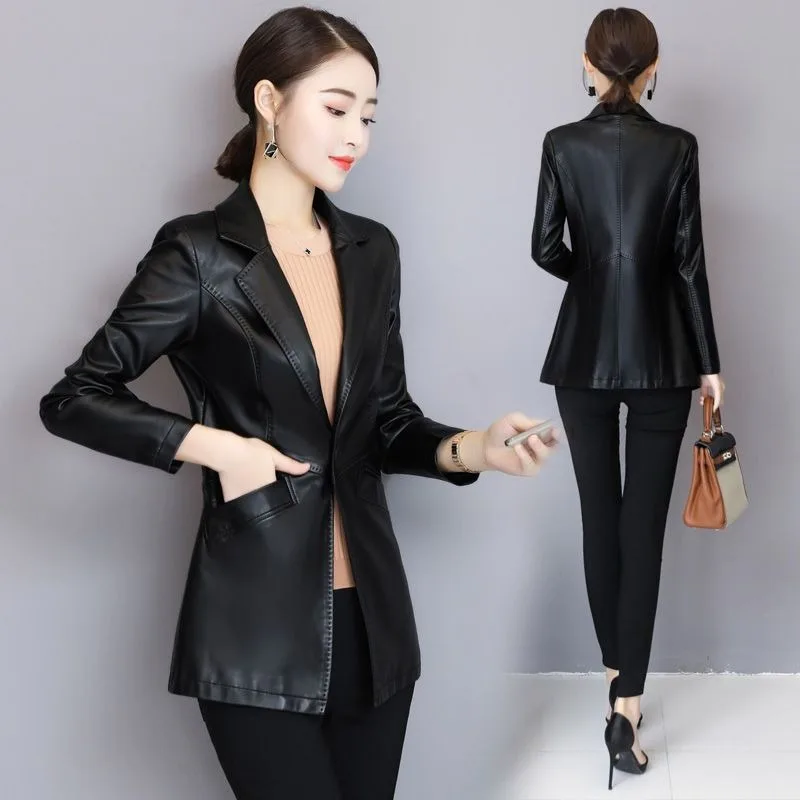 2023 Autumn Winter New Leather Women Coat Foreign Leisure Air Waist Slimming High-end Leather Jacket Loose Short Small Suit