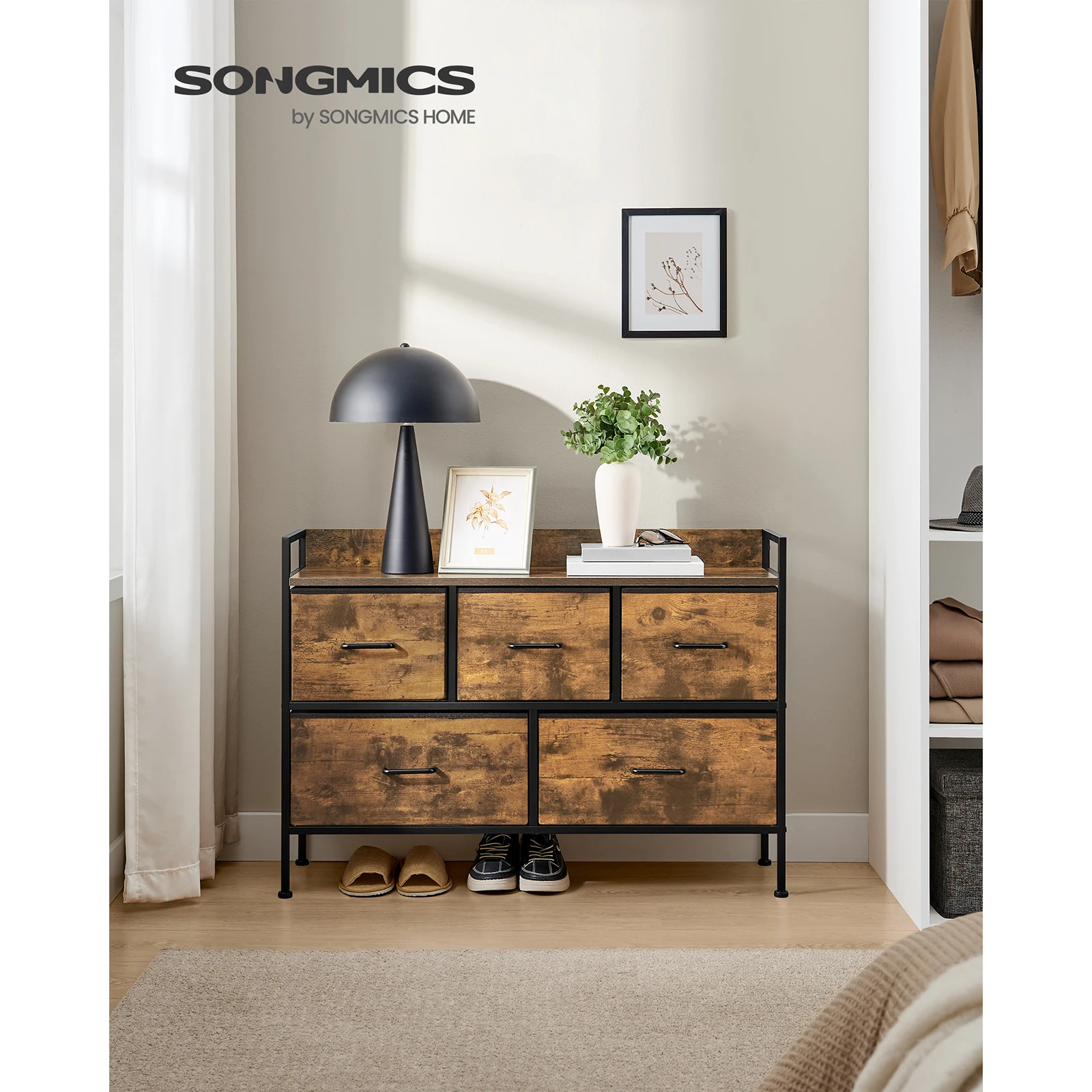 SONGMICS Chest of Drawers for Bedroom, 5 Fabric Drawers with Handles, Storage Organiser Unit, for Living Room, Hallway